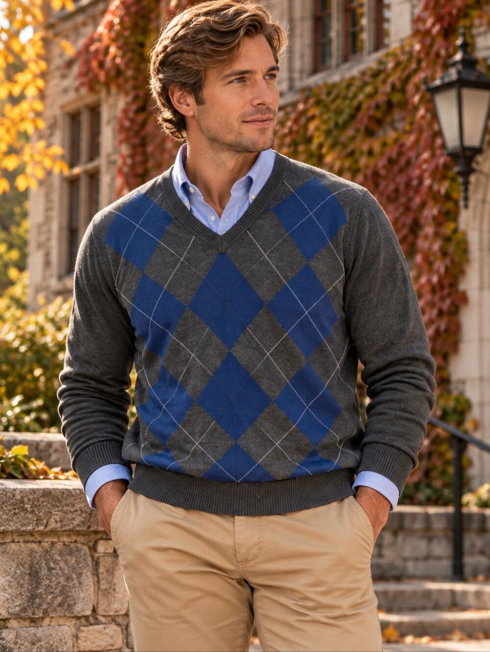 Saks Fifth Avenue 100% Extrafine Merino Wool Argyle V Neck Sweater